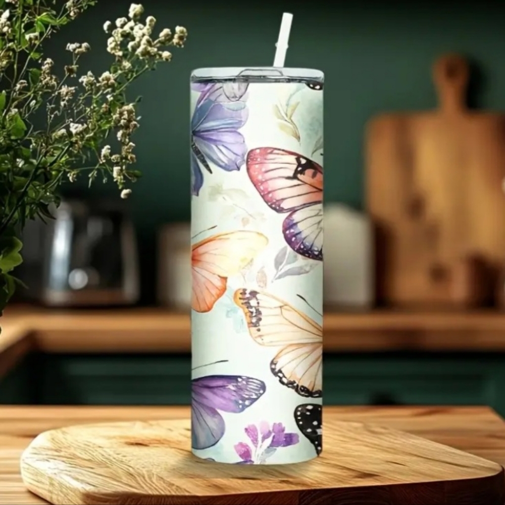 20oz Stainless Steel Tumbler. Butterflies. With box and stra…